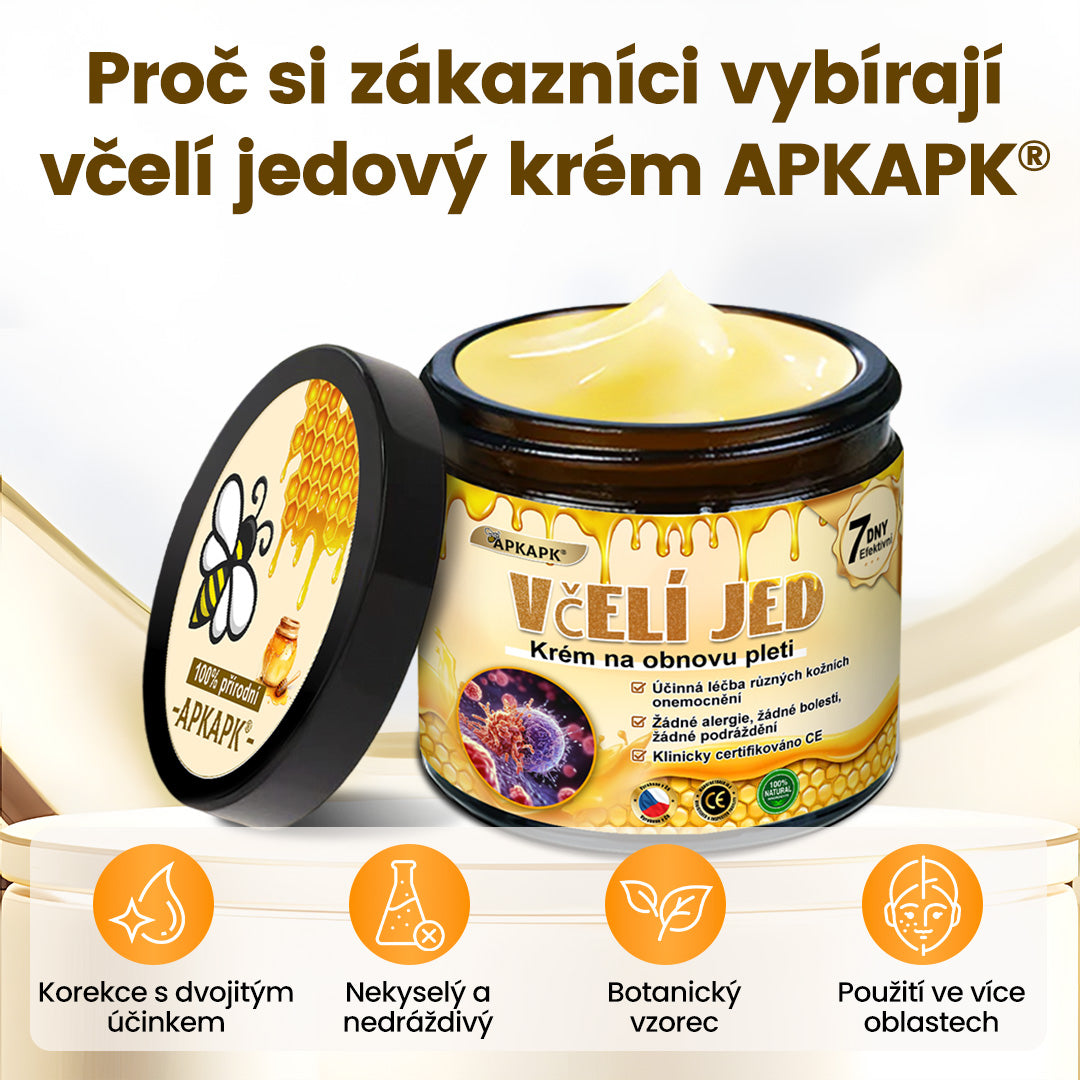 Bezbolestně a účinně odstraňuje různé typy bradavic 👨‍⚕️ APKAPK® krém na obnovu pokožky s včelím jedem pomáhá odstranit běžné, plantární, ploché a nitkovité bradavice, stejně jako papilomy
